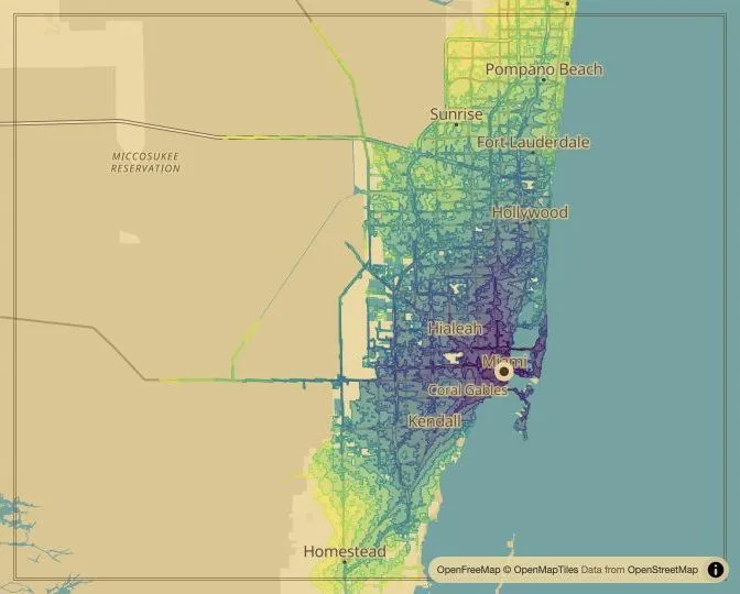 Miami driving isochrone map from Government Center