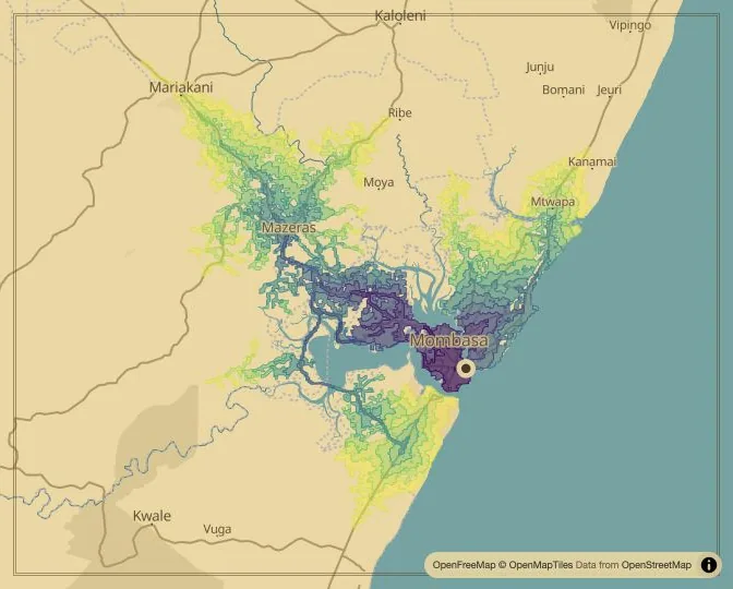 Mombasa driving isochrone map from Fort Jesus