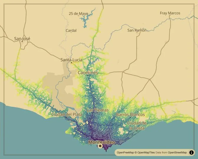 Montevideo driving isochrone map from Plaza Independencia