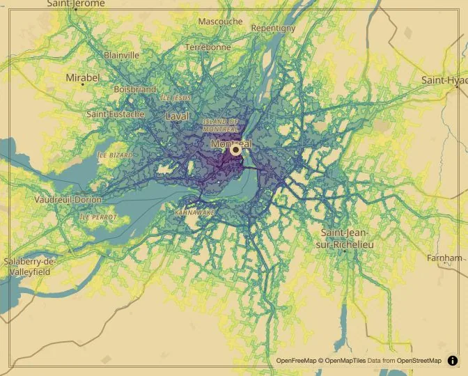 Montréal driving isochrone map from Place d’Armes