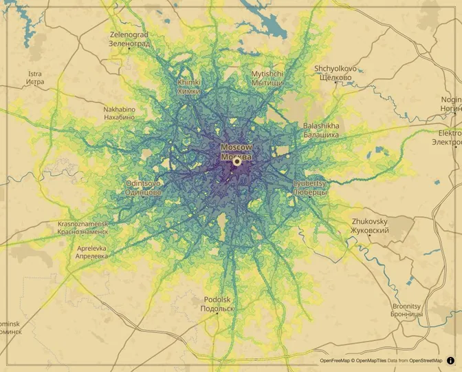 Moscow driving isochrone map from Red Square