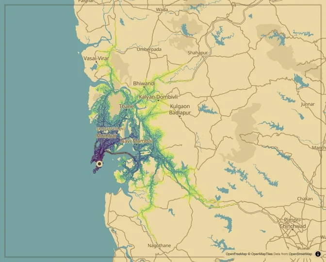 Mumbai driving isochrone map from Chhatrapati Shivaji Maharaj Terminus