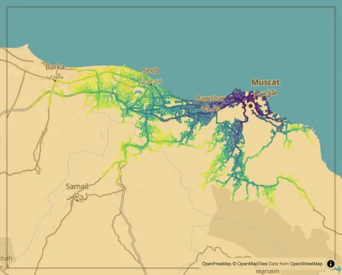 Muscat driving isochrone map from Ruwi Clock Tower