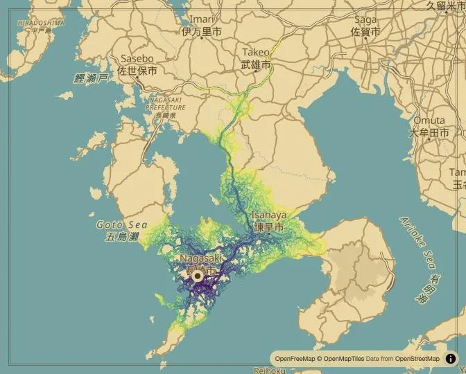 Nagasaki driving isochrone map from Nagasaki Station