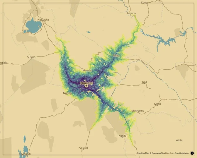 Nairobi driving isochrone map from Nairobi City Hall