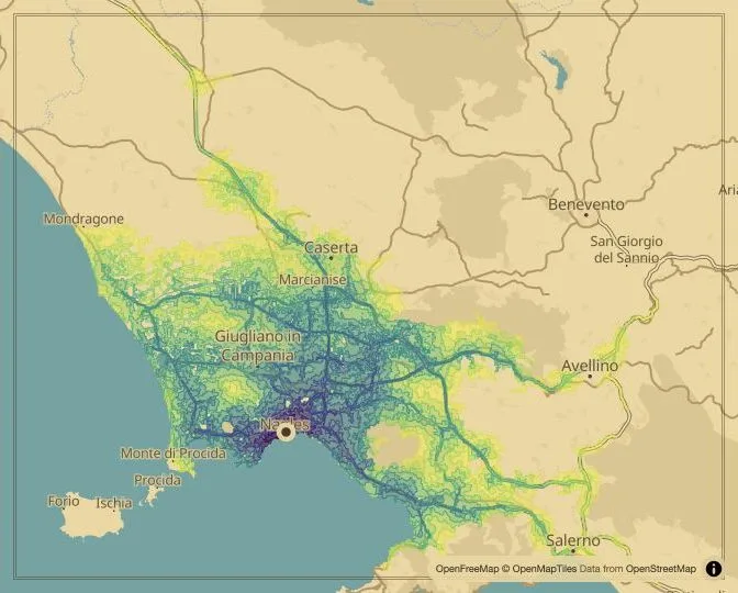 Naples driving isochrone map from Piazza Municipio