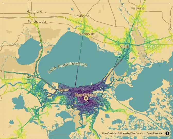 New Orleans driving isochrone map from Lafayette Square