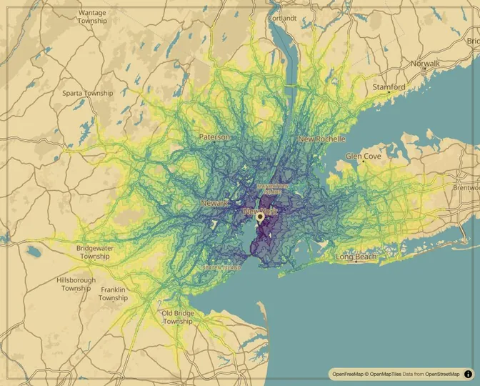 New York City driving isochrone map from City Hall Park