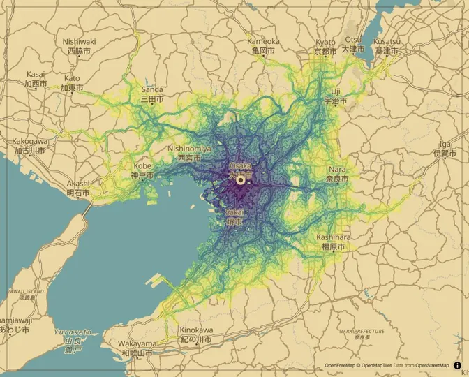 Osaka driving isochrone map from Osaka City Hall