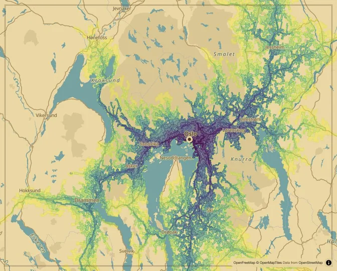 Oslo driving isochrone map from Oslo City Hall