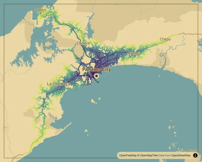 Panama City driving isochrone map from Plaza de la Independencia
