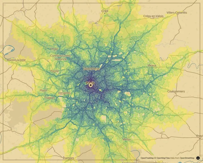 Paris driving isochrone map from Hôtel de Ville