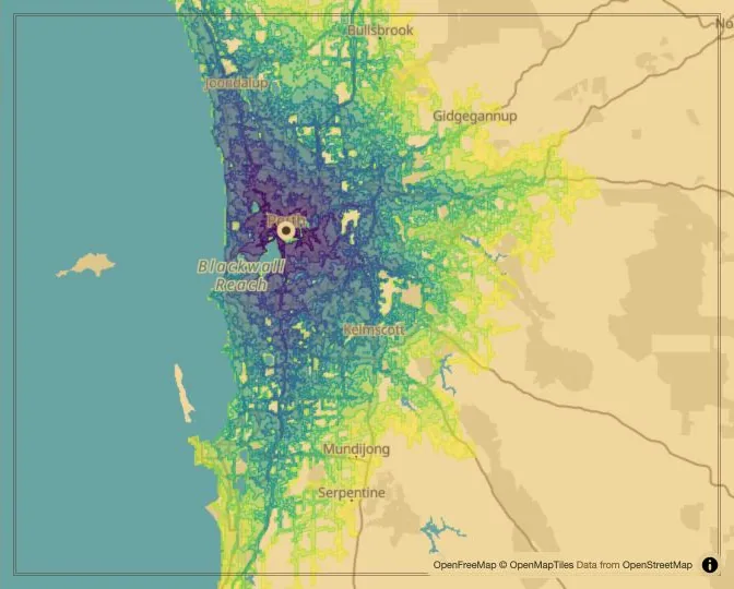Perth driving isochrone map from Perth Town Hall