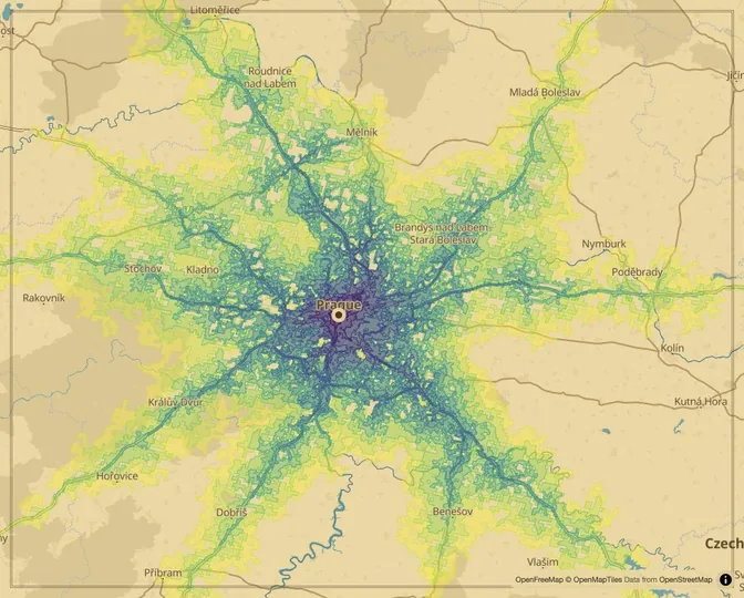 Prague driving isochrone map from Old Town Square