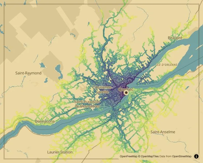 Québec City driving isochrone map from Place D’Armes