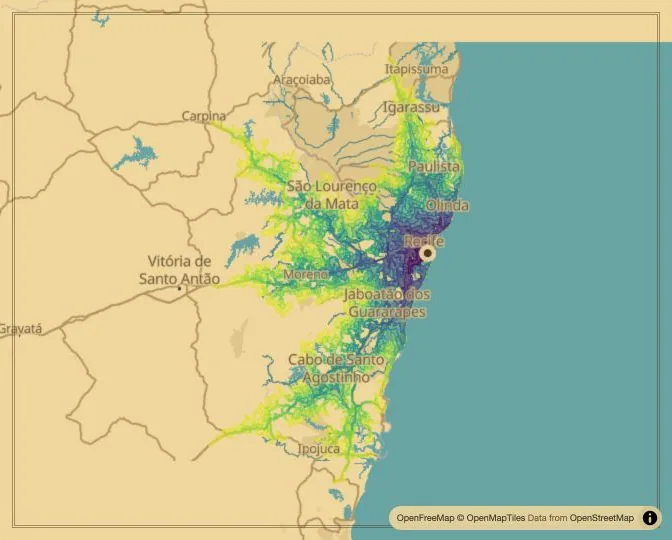 Recife driving isochrone map from Praça da República
