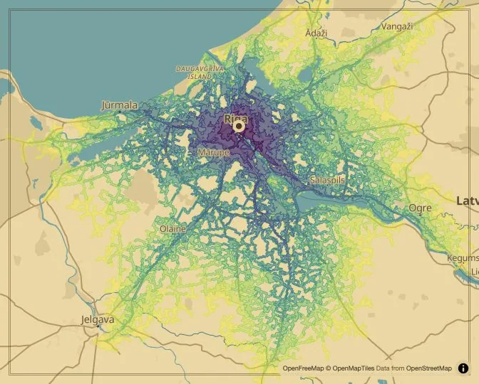 Riga driving isochrone map from Freedom Monument
