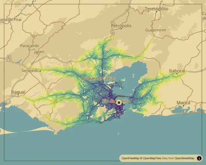 Rio de Janeiro driving isochrone map from Central do Brasil