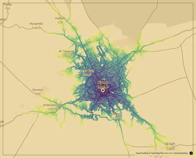 Riyadh driving isochrone map from Al Masmak Palace