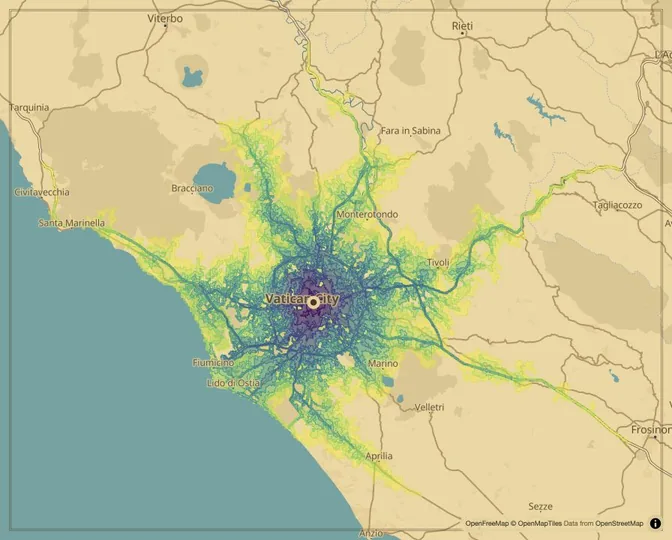 Rome driving isochrone map from Piazza Venezia