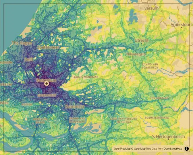 Rotterdam driving isochrone map from Stadhuisplein