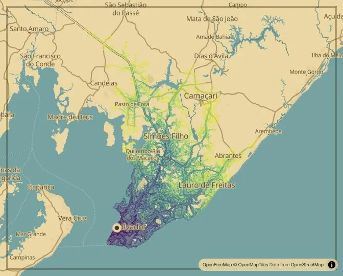 Salvador driving isochrone map from Praça da Sé