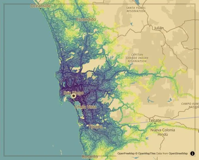 San Diego driving isochrone map from Civic Center Plaza