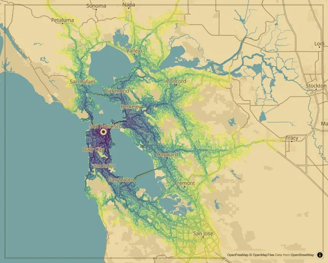 San Francisco driving isochrone map from San Francisco City Hall