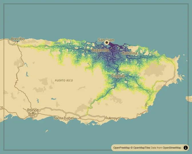 San Juan driving isochrone map from Plaza Colón