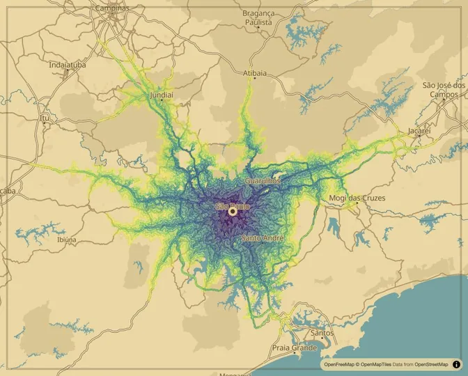 São Paulo driving isochrone map from Praça da Sé