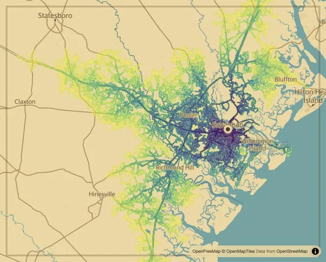 Savannah driving isochrone map from Johnson Square