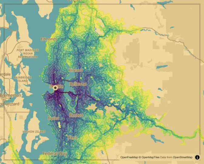 Seattle driving isochrone map from Westlake Park