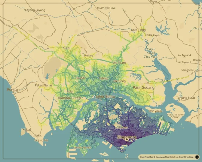 Singapore driving isochrone map from City Hall