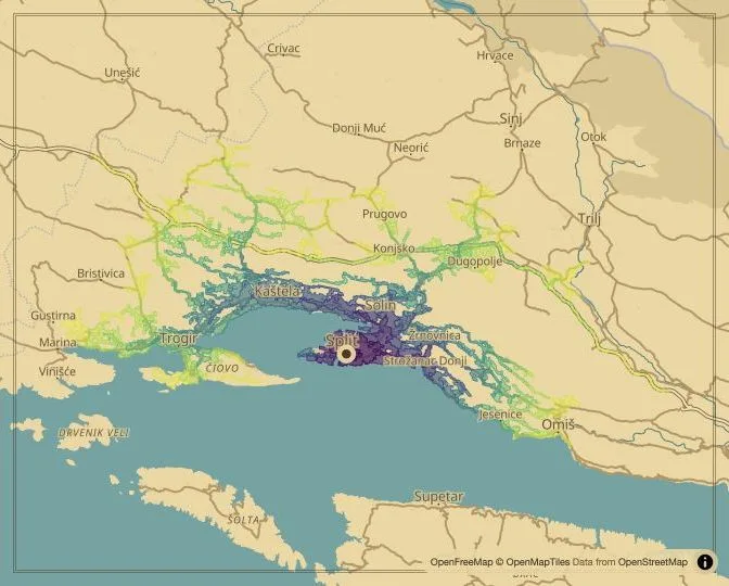 Split driving isochrone map from Lučac