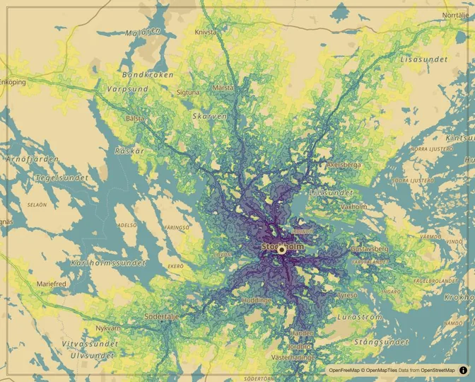 Stockholm driving isochrone map from Gustav Adolfs Torg