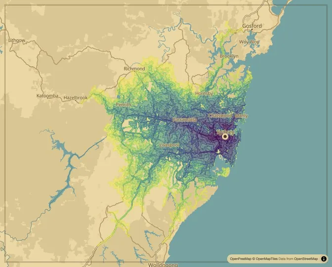 Sydney driving isochrone map from Sydney Town Hall