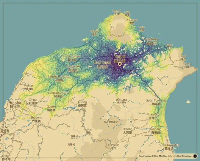 Taipei driving isochrone map from Taipei City Hall