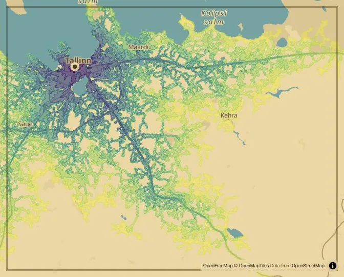 Tallinn driving isochrone map from Town Hall Square