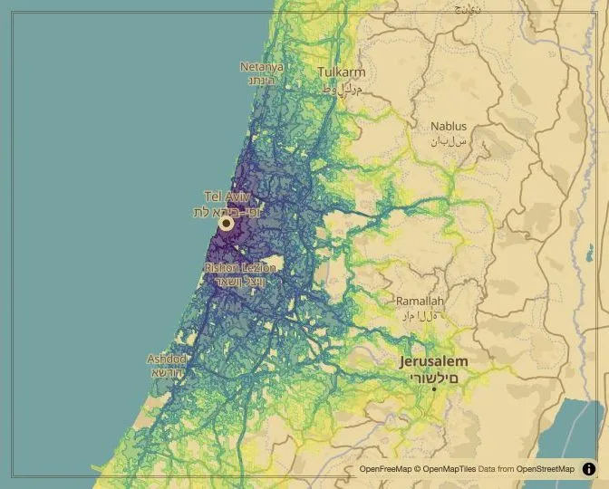 Tel Aviv driving isochrone map from Rabin Square