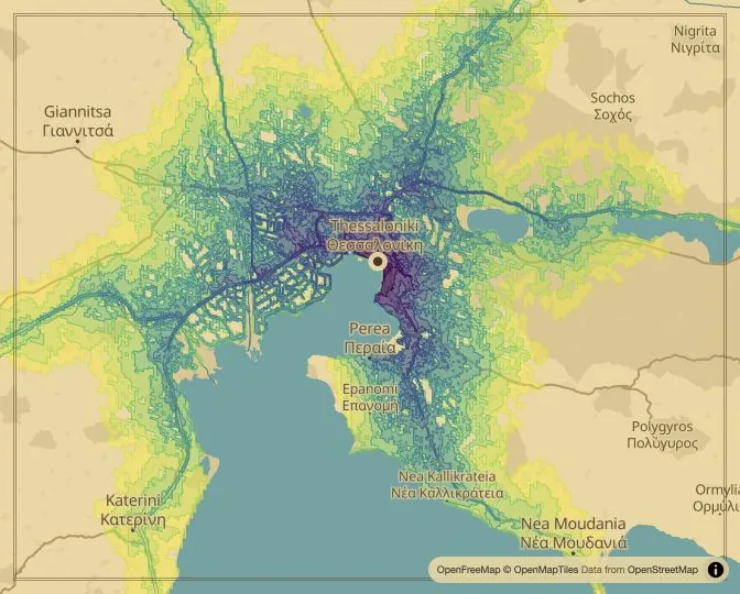 Thessaloniki driving isochrone map from Aristotelous Square