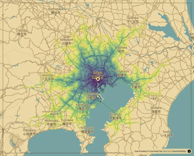Tokyo driving isochrone map from Tokyo Station