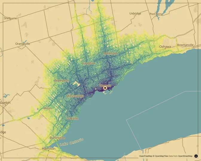 Toronto driving isochrone map from Nathan Phillips Square