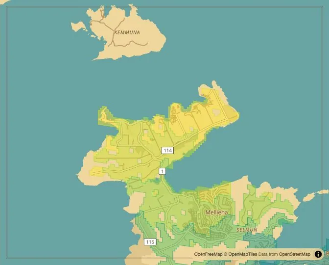 Valletta driving isochrone map from Triton Fountain
