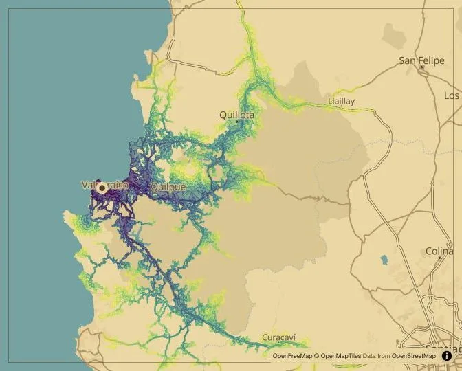 Valparaíso driving isochrone map from Plaza Sotomayor