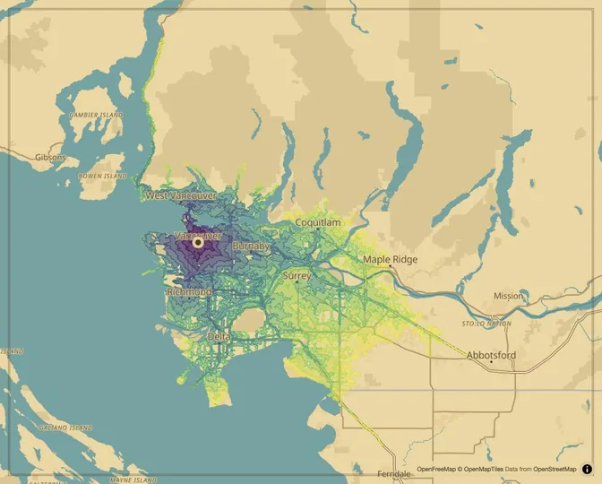 Vancouver driving isochrone map from Vancouver City Hall