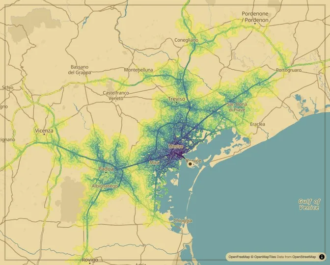 Venice driving isochrone map from Piazzale Roma