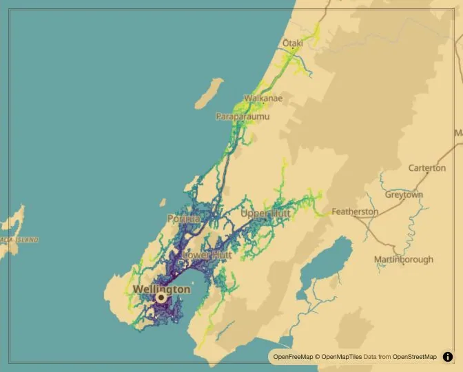 Wellington driving isochrone map from Civic Square