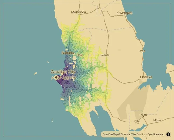 Zanzibar City driving isochrone map from Forodhani Park